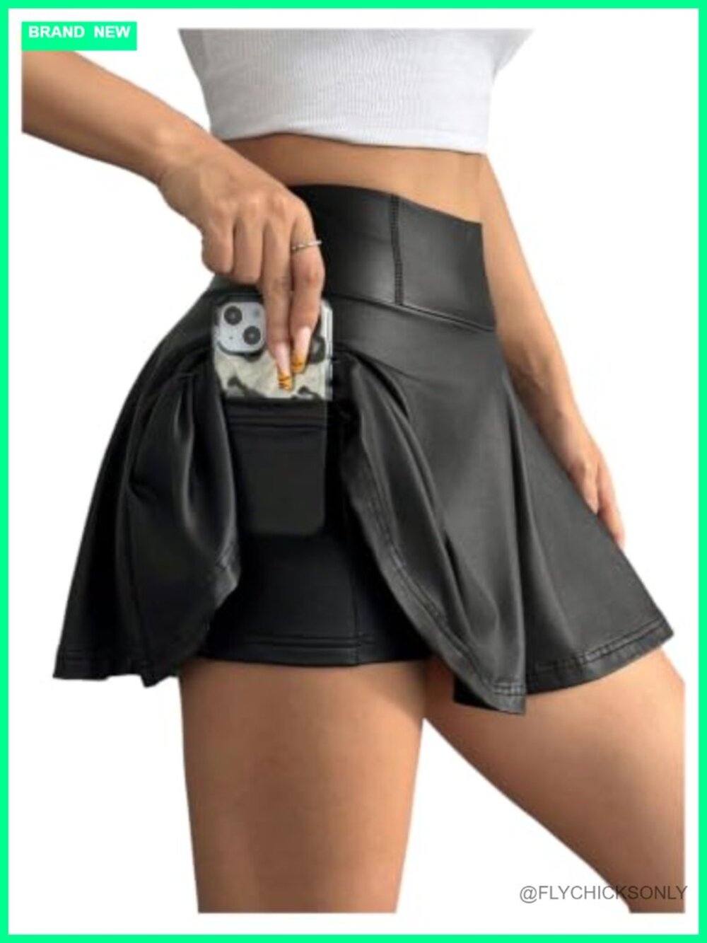 Faux Leather Skater Skirt with Shorts & Pocket High Waist Flare